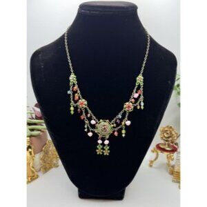 Vintage Zoe Coste Colorful Enamel F Pearls And Rhinestone Flower Dangle Necklace